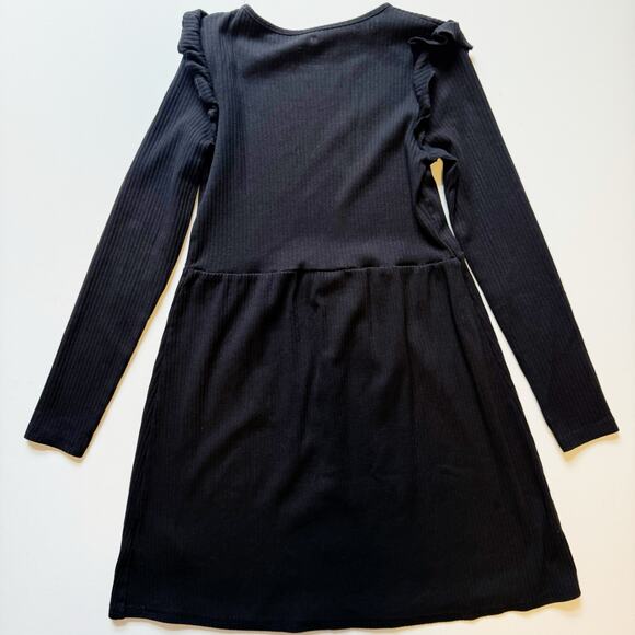 H&M ribbed black dress long sleeve ruffled shoulders size 8/10Y - Picture 3 of 6